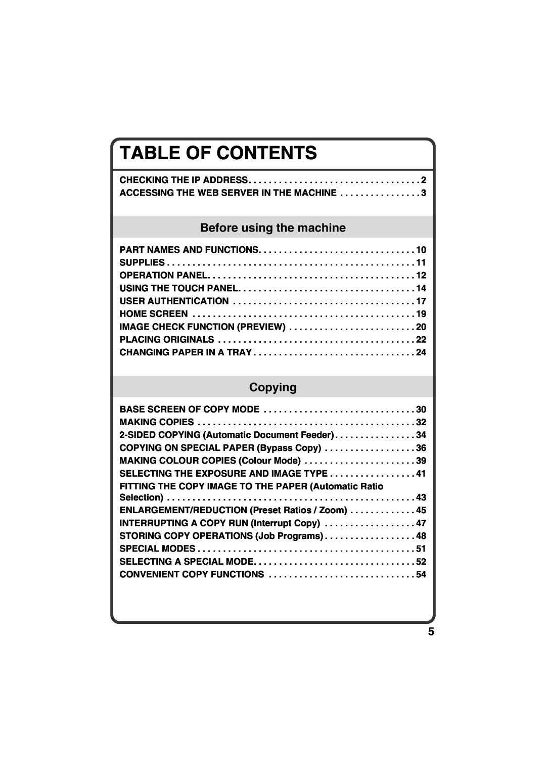 Sharp MX-C381, MX-C311 Table Of Contents, Before using the machine, Copying, Base Screen Of Copy Mode Making Copies 