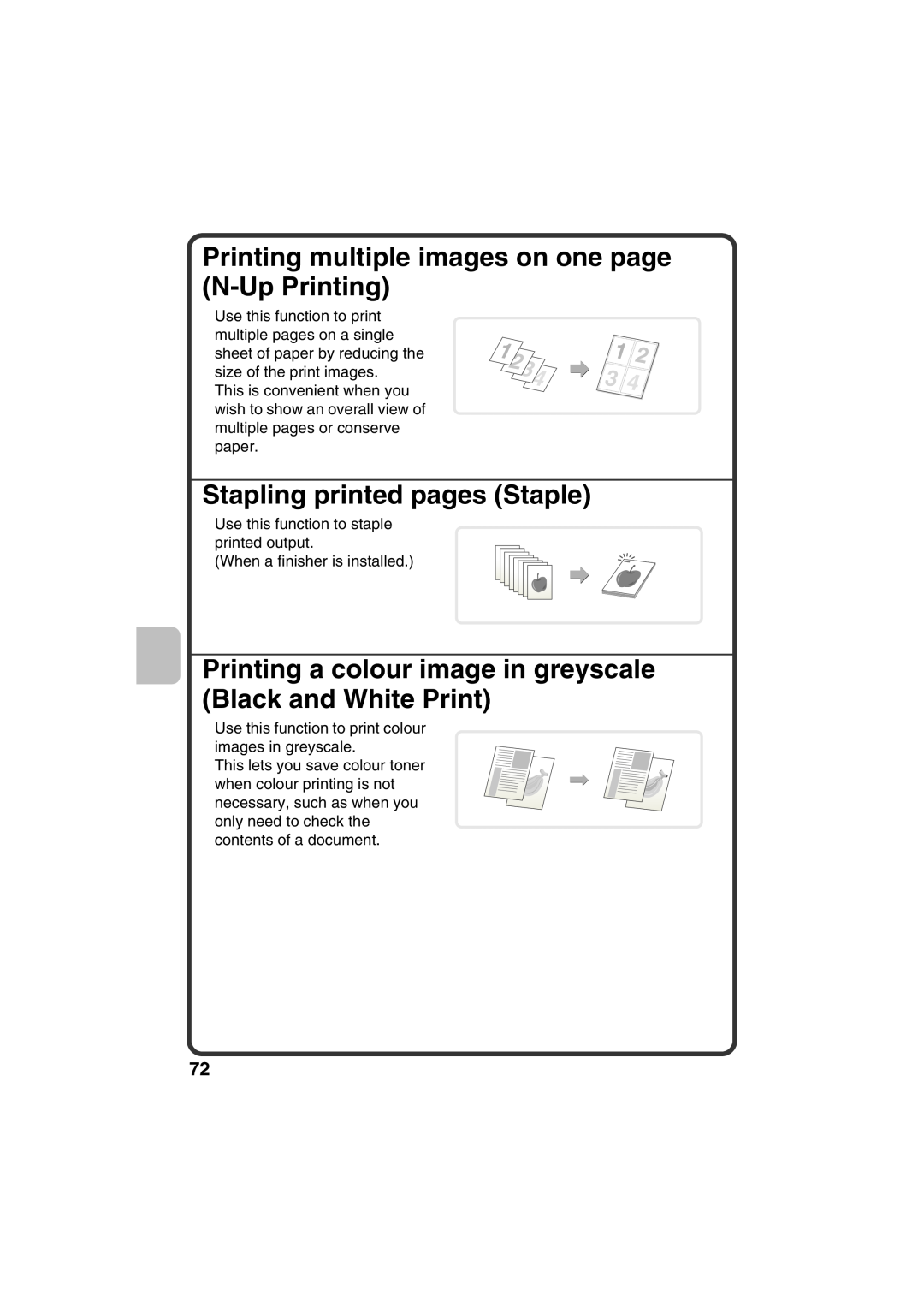 Sharp MX-C311, MX-C381 quick start Printing multiple images on one page N-Up Printing, Stapling printed pages Staple 