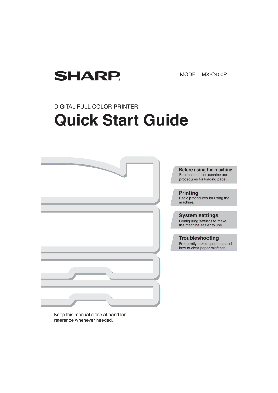 Sharp TINSE4633FCZZ, MX-C400P quick start Before using the machine, Printing, System settings, Troubleshooting 