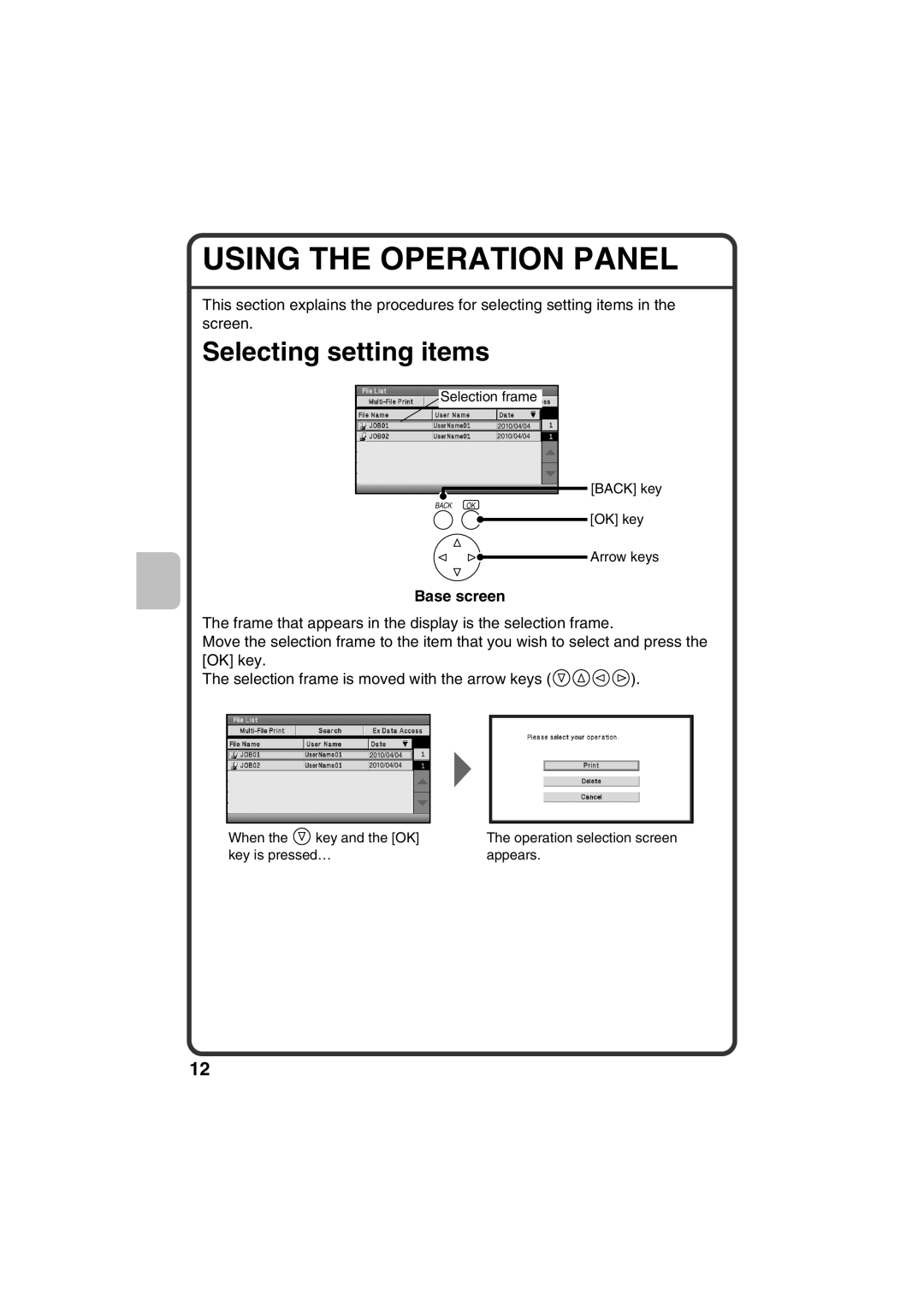 Sharp MX-C400P, TINSE4633FCZZ quick start Using the Operation Panel, Selecting setting items, Base screen 