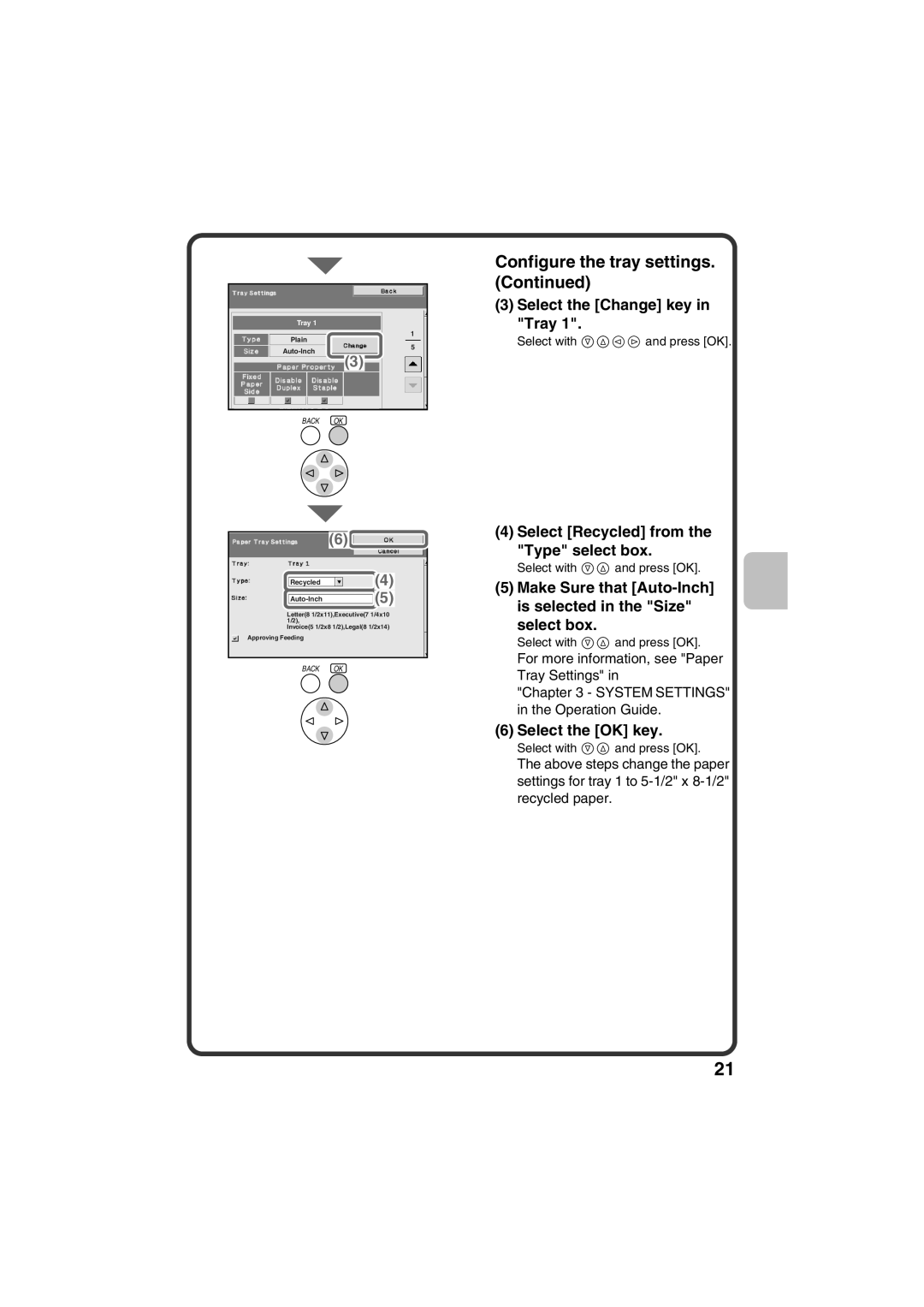 Sharp TINSE4633FCZZ, MX-C400P Select the Change key in Tray, Select Recycled from the Type select box, Select the OK key 