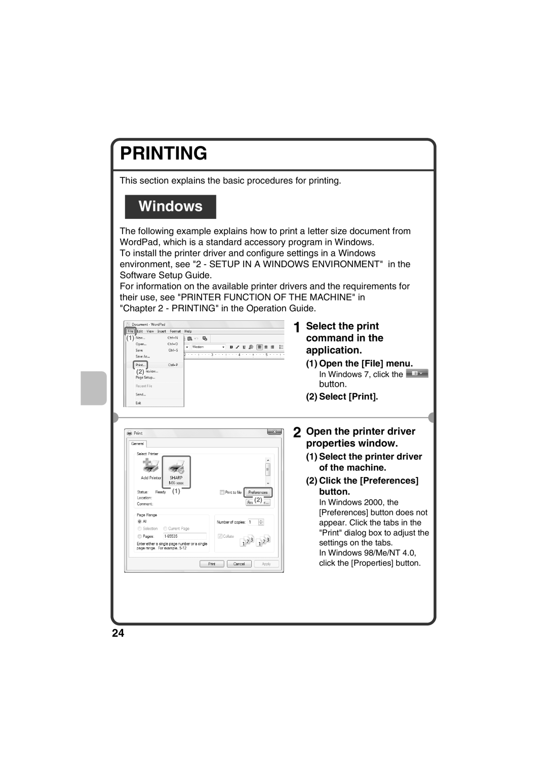 Sharp MX-C400P, TINSE4633FCZZ Printing, Select the print 1command in the application, Open the File menu, Select Print 