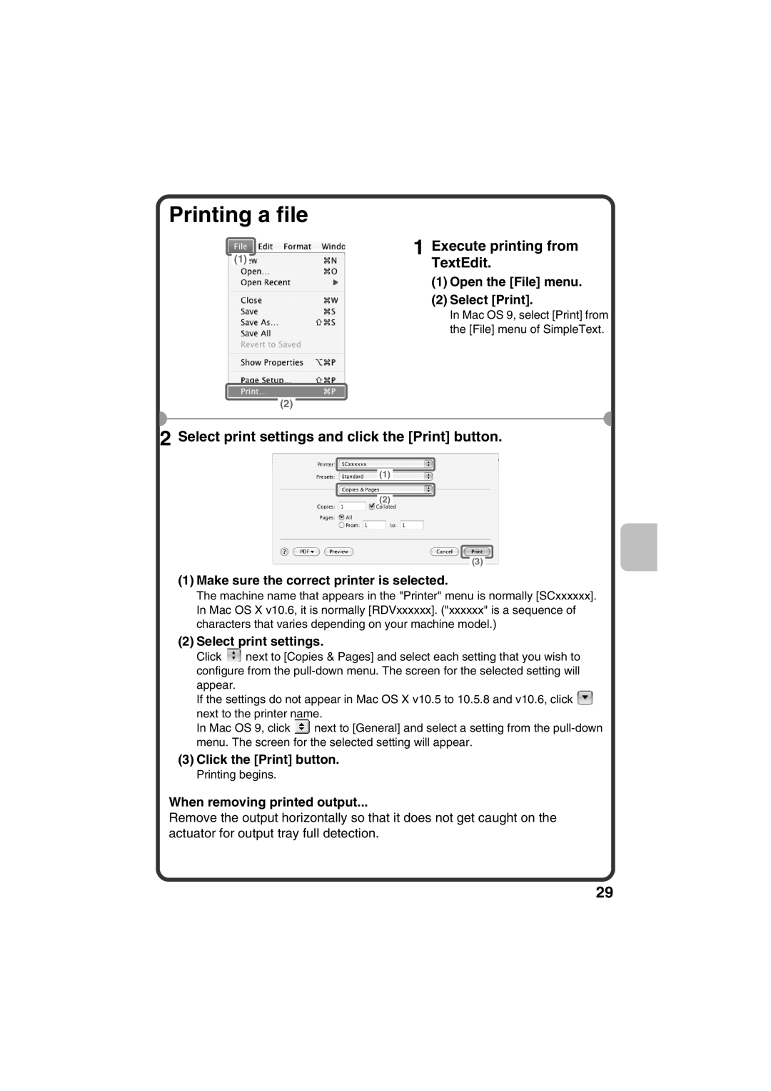 Sharp TINSE4633FCZZ Printing a file, Execute printing from TextEdit, Select print settings and click the Print button 