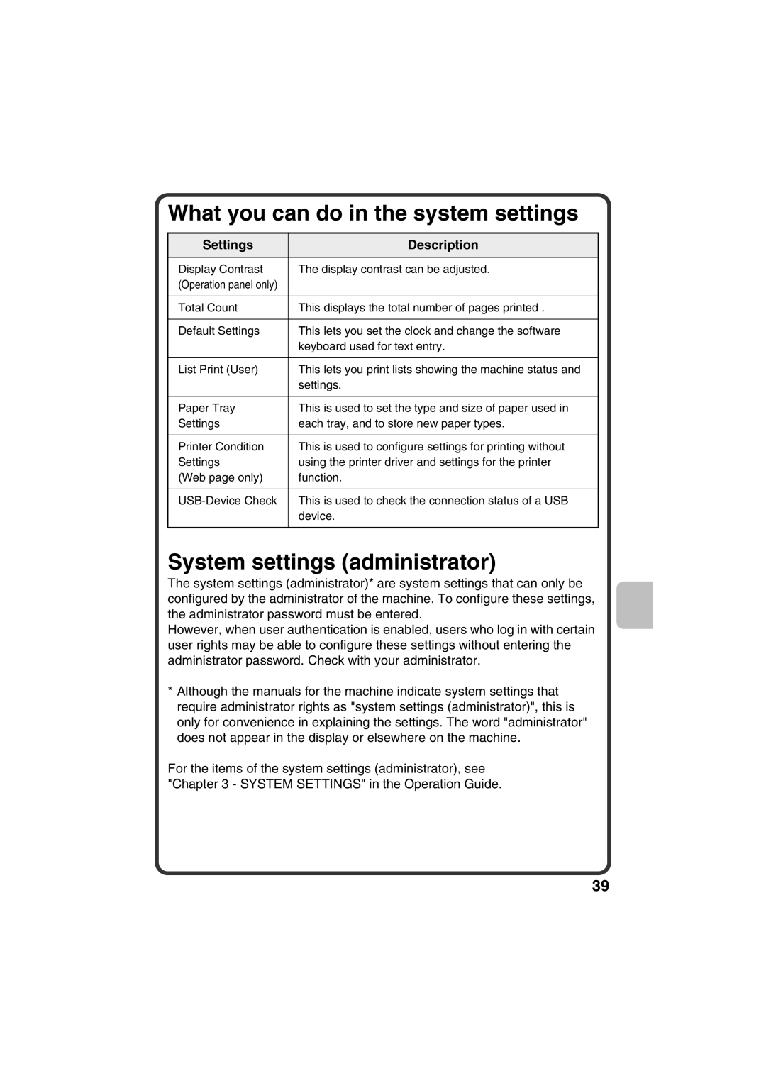 Sharp TINSE4633FCZZ, MX-C400P What you can do in the system settings, System settings administrator, Settings Description 