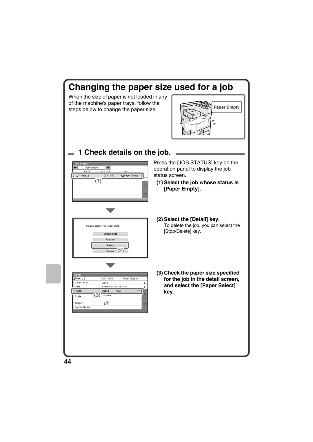 Sharp MX-C400P, TINSE4633FCZZ quick start Changing the paper size used for a job, Check details on the job 