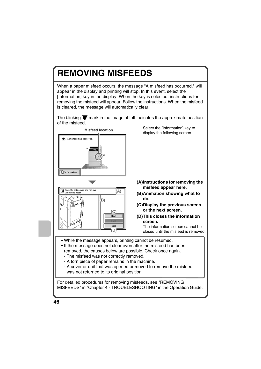 Sharp MX-C400P, TINSE4633FCZZ quick start Removing Misfeeds 