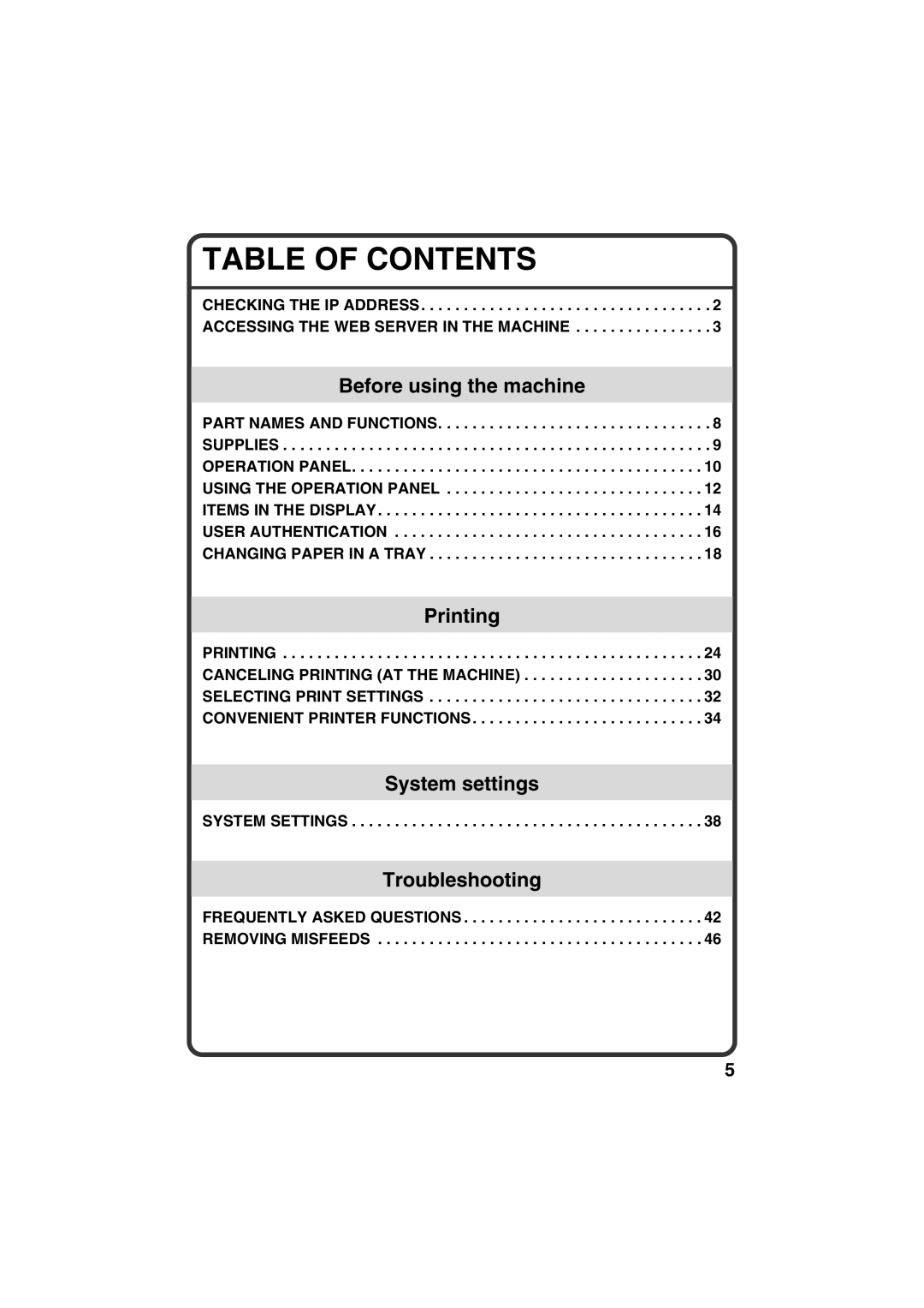 Sharp TINSE4633FCZZ, MX-C400P quick start Table of Contents 