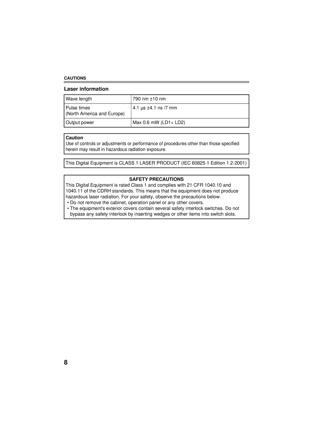 Sharp MX-C402SC, TINSE4796FCZZ manual Laser information, Safety Precautions 