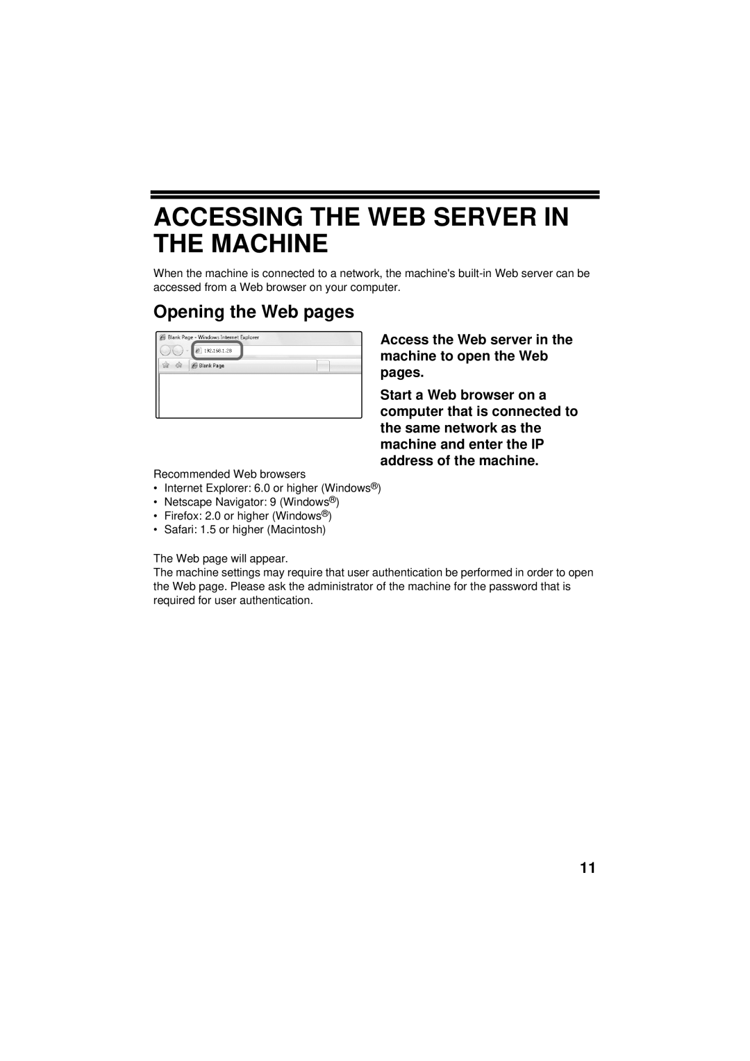 Sharp TINSE4796FCZZ, MX-C402SC manual Accessing the WEB Server in the Machine, Opening the Web pages 