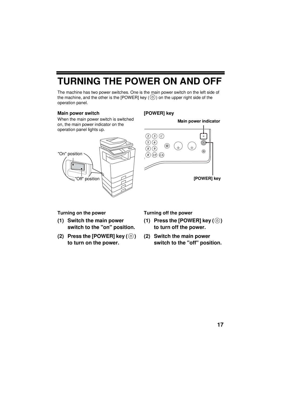 Sharp TINSE4796FCZZ Turning the Power on and OFF, Main power switch Power key, Turning on the power, Turning off the power 