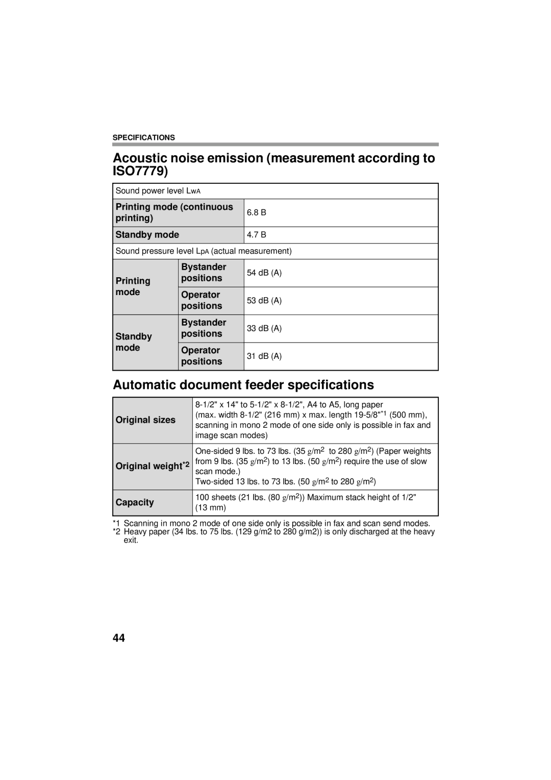 Sharp TINSE4796FCZZ Acoustic noise emission measurement according to ISO7779, Automatic document feeder specifications 