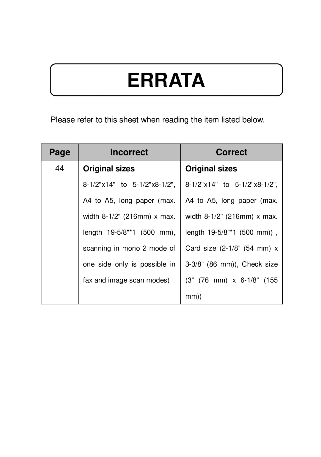 Sharp MX-C402SC, TINSE4796FCZZ manual Incorrect Correct, Original sizes 