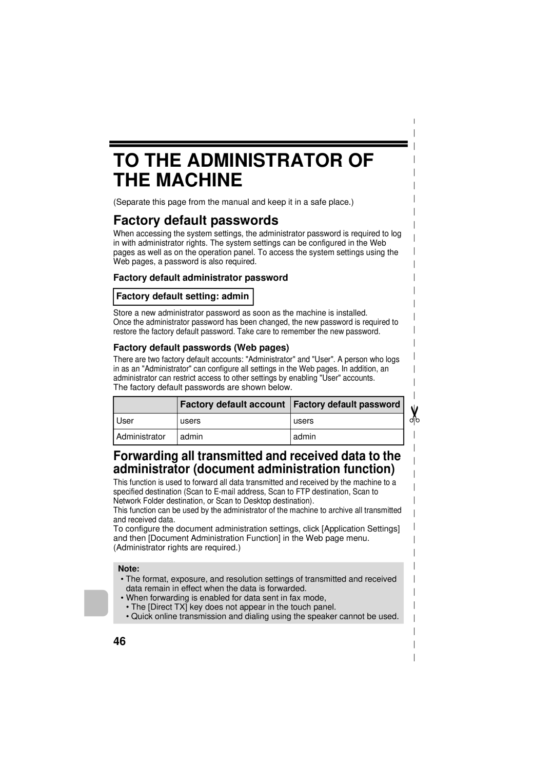 Sharp MX-C402SC To the Administrator of the Machine, Factory default passwords Web pages, Factory default account 