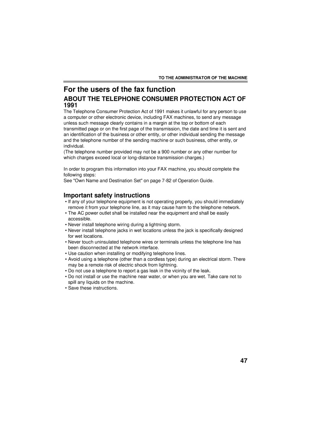 Sharp TINSE4796FCZZ, MX-C402SC manual For the users of the fax function, About the Telephone Consumer Protection ACT 