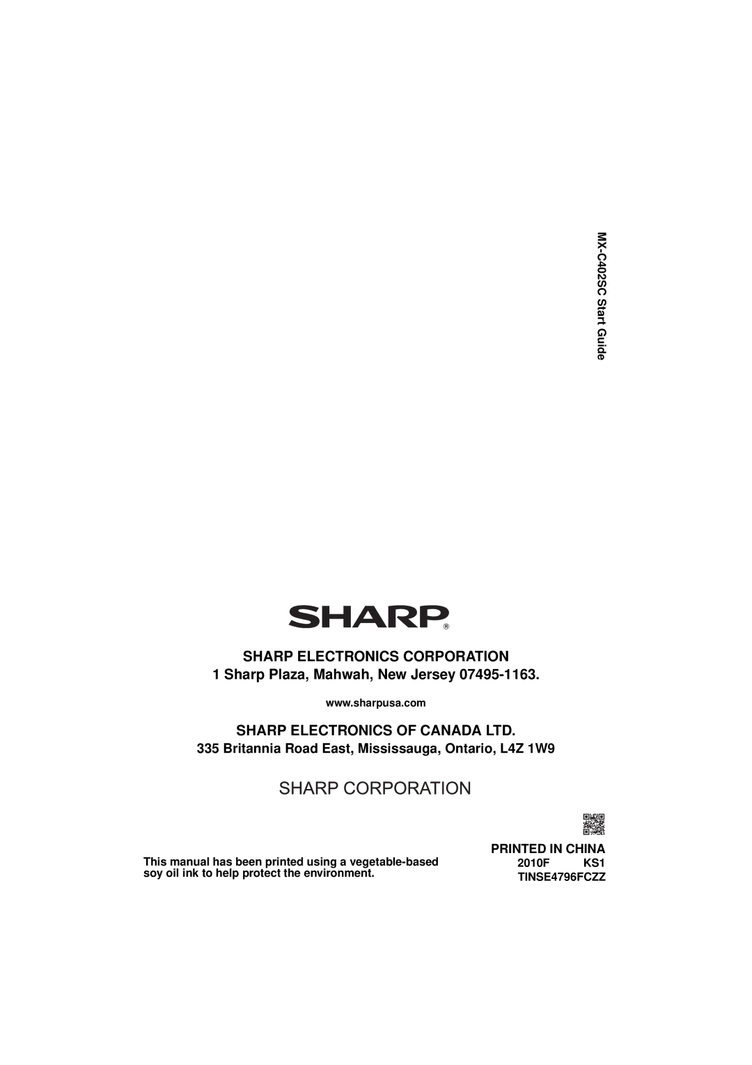 Sharp TINSE4796FCZZ manual Sharp Electronics Corporation, MX-C402SC Start Guide 