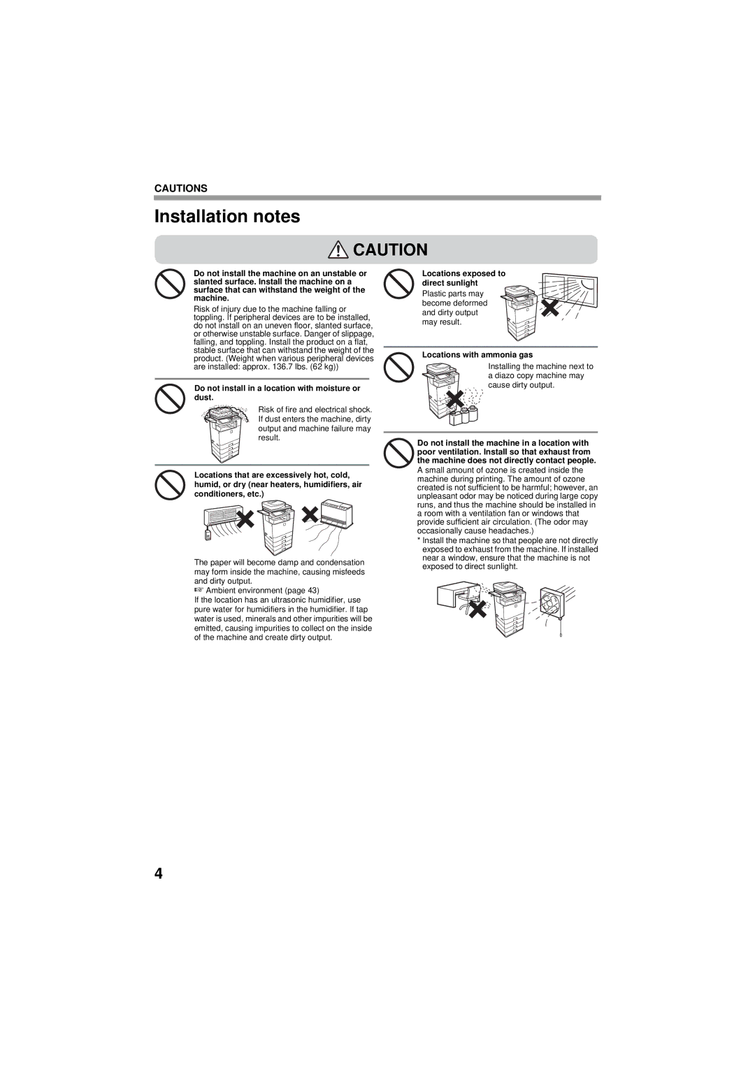 Sharp MX-C402SC, TINSE4796FCZZ manual Installation notes, Do not install in a location with moisture or dust 