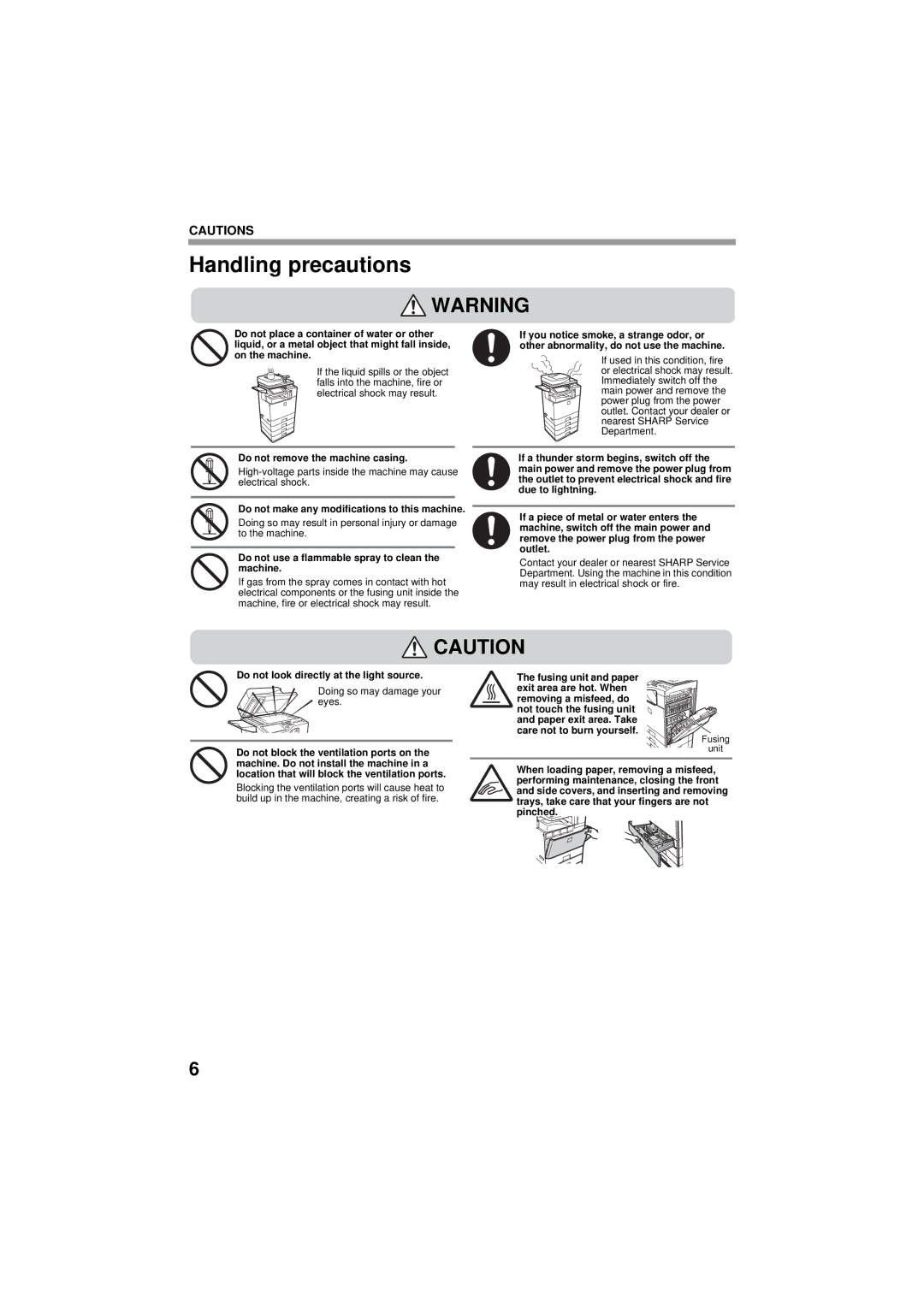 Sharp MX-C402SC, TINSE4796FCZZ manual Handling precautions, Do not use a flammable spray to clean the machine 