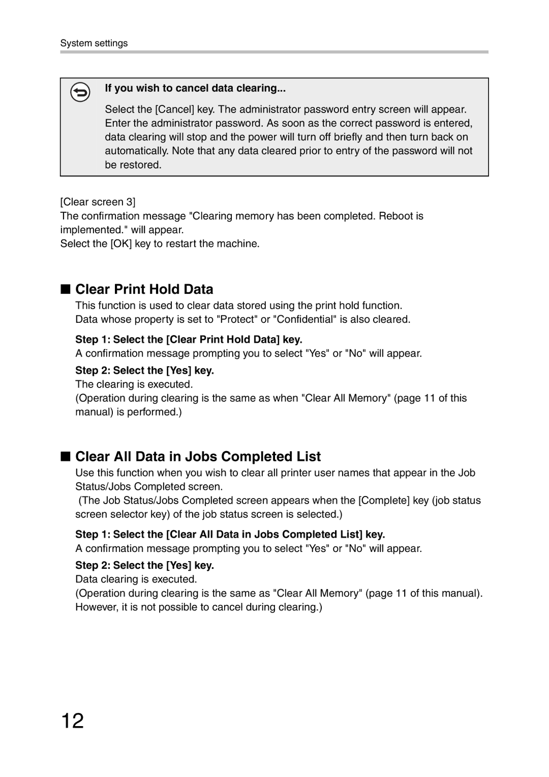 Sharp MX-FR21U, MX-FR20U manual Clear Print Hold Data, Clear All Data in Jobs Completed List 