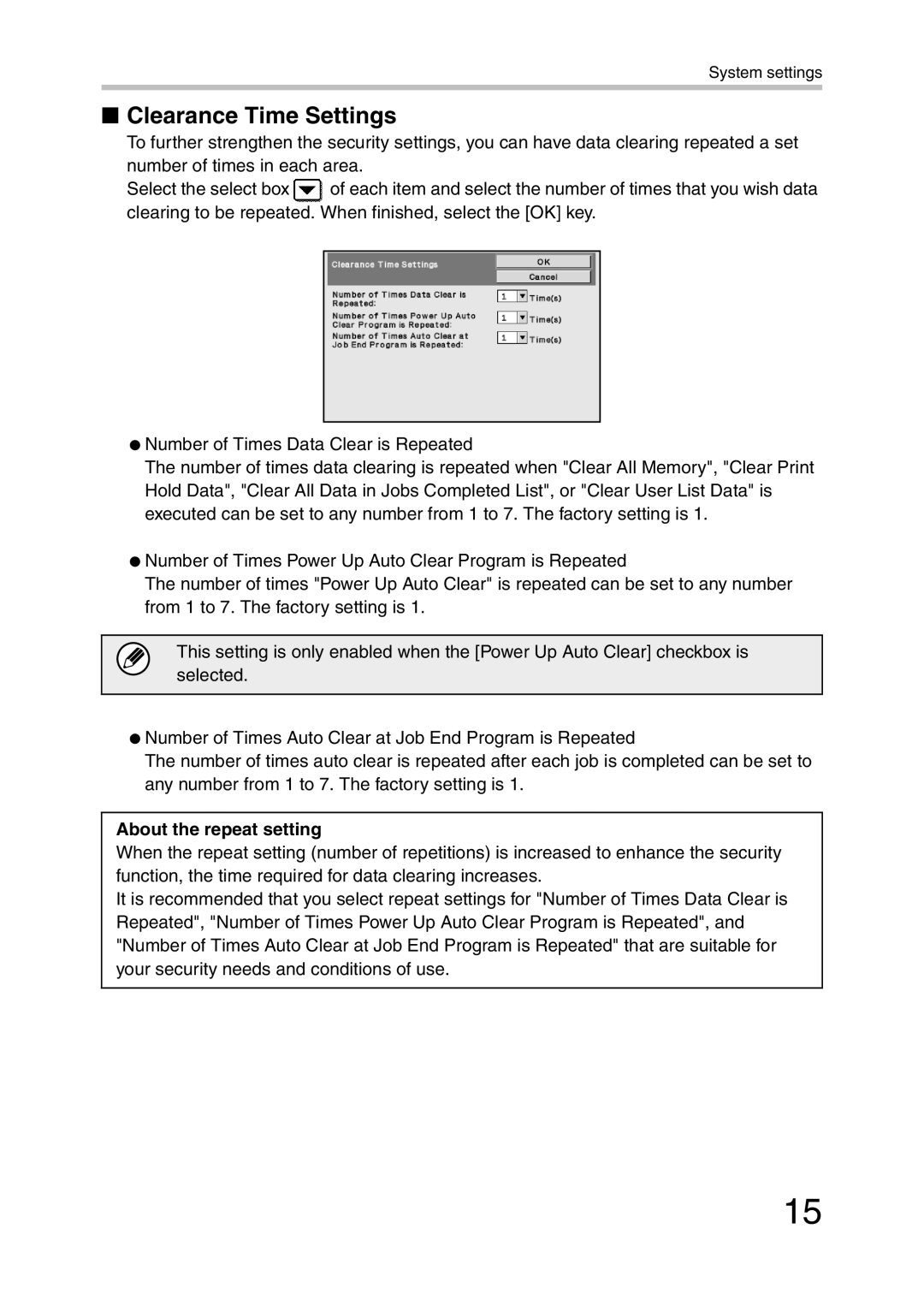 Sharp MX-FR20U, MX-FR21U manual Clearance Time Settings, About the repeat setting 