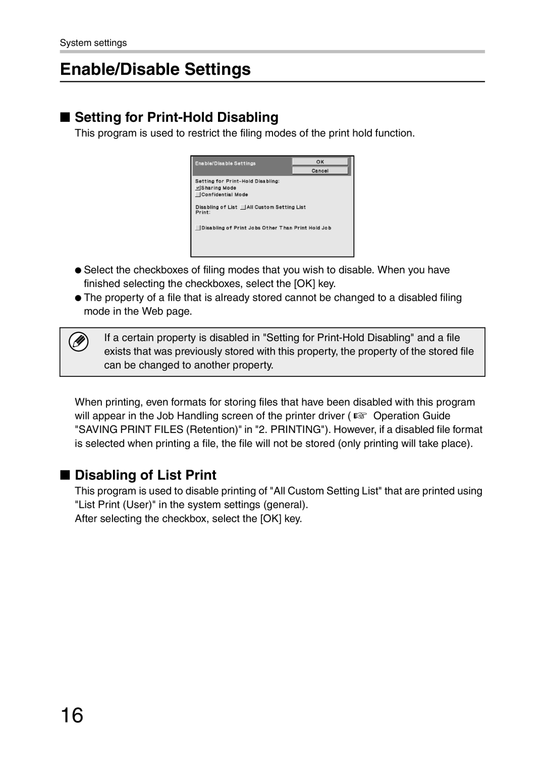 Sharp MX-FR21U, MX-FR20U manual Enable/Disable Settings, Setting for Print-Hold Disabling, Disabling of List Print 