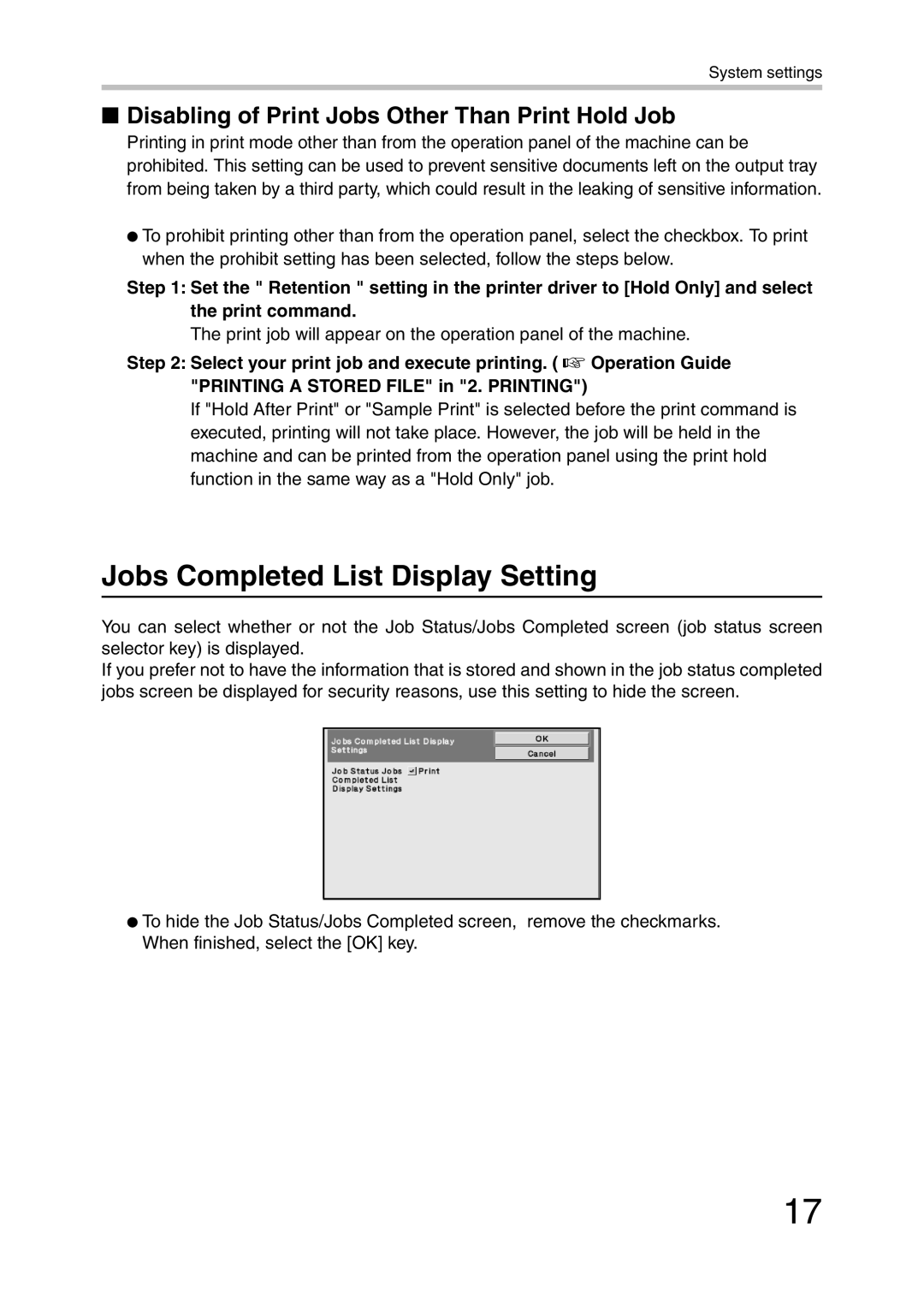 Sharp MX-FR20U, MX-FR21U manual Jobs Completed List Display Setting, Disabling of Print Jobs Other Than Print Hold Job 