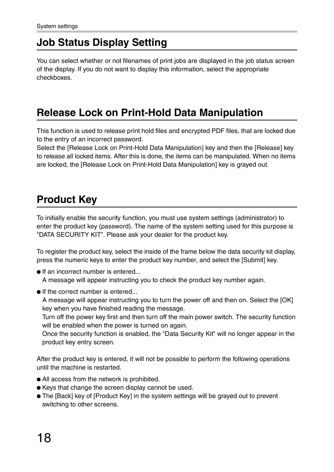 Sharp MX-FR21U, MX-FR20U manual Job Status Display Setting, Release Lock on Print-Hold Data Manipulation, Product Key 