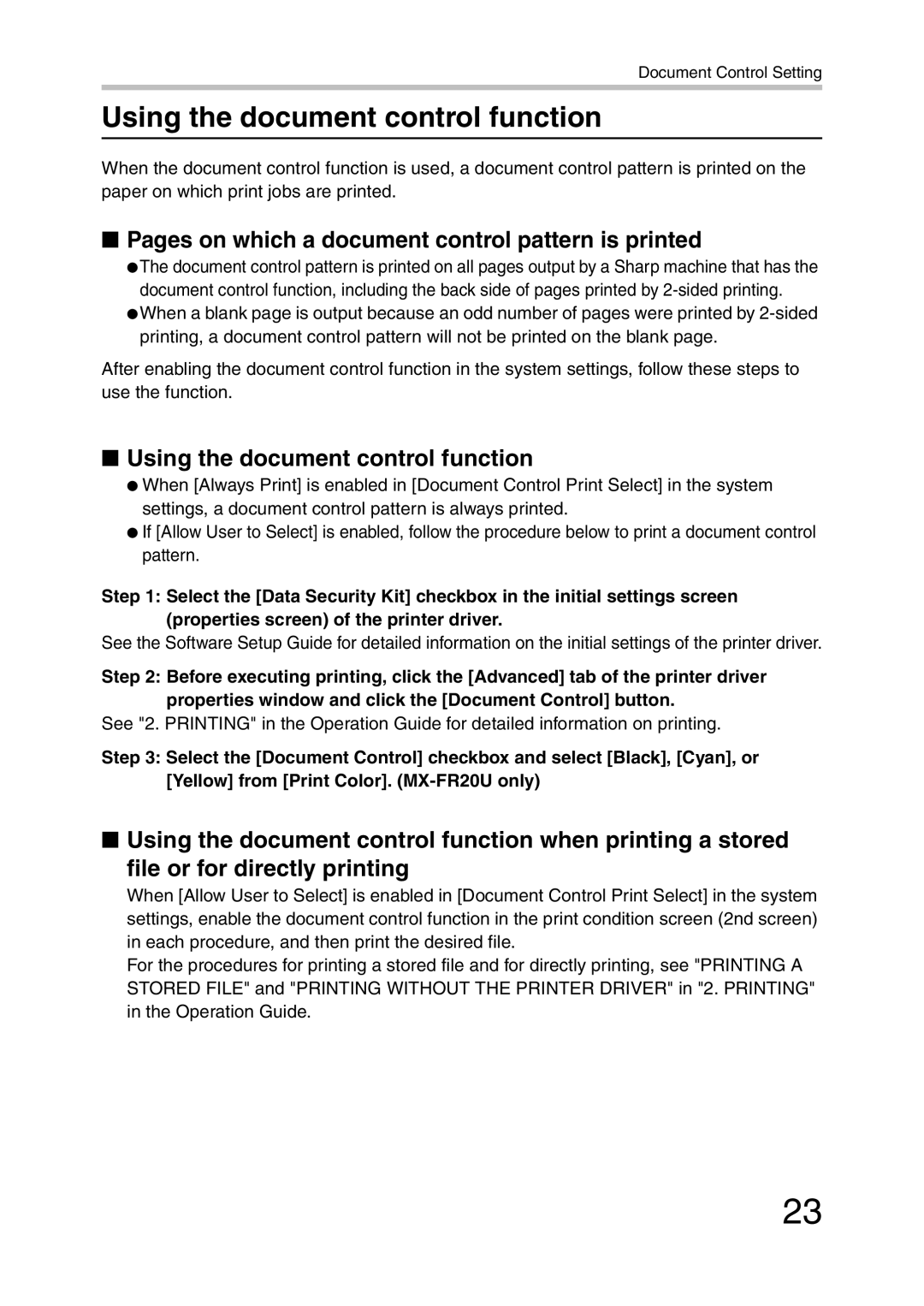 Sharp MX-FR20U, MX-FR21U manual Using the document control function, Pages on which a document control pattern is printed 