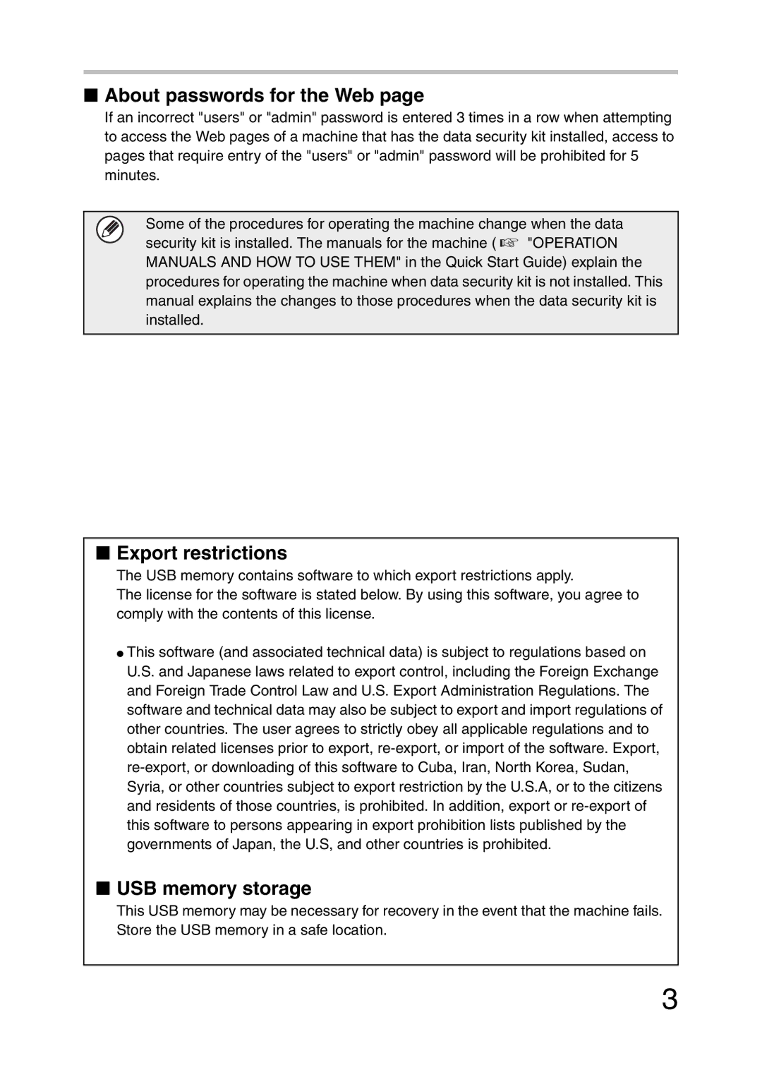 Sharp MX-FR20U, MX-FR21U manual About passwords for the Web, Export restrictions, USB memory storage 