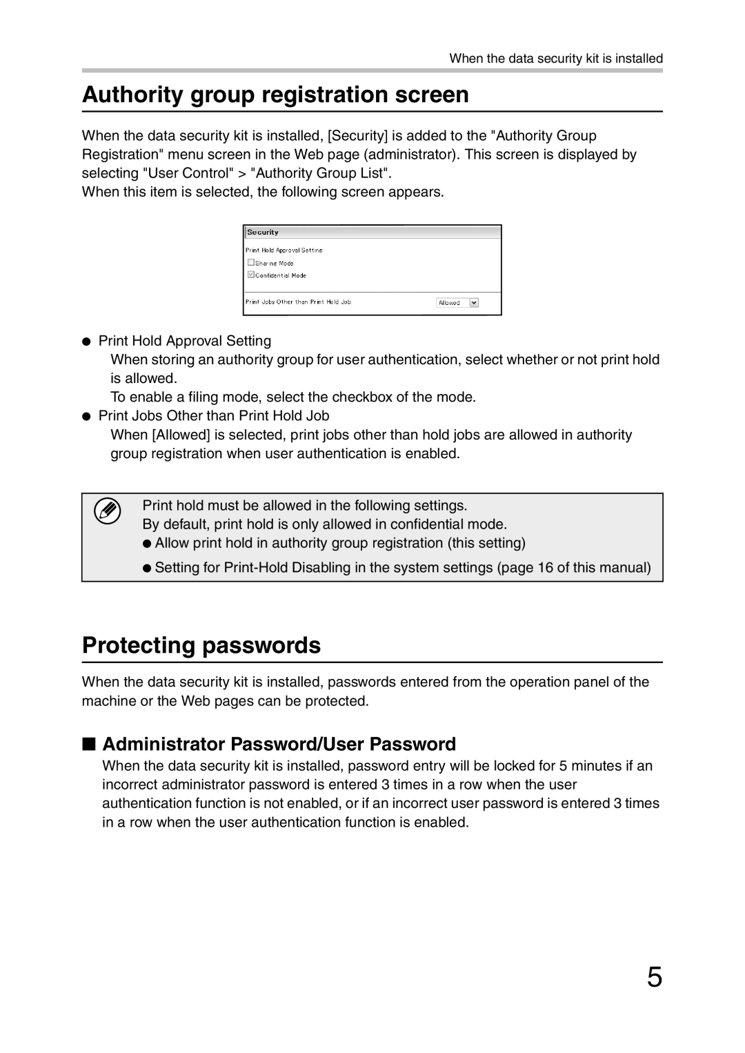 Sharp MX-FR20U, MX-FR21U Authority group registration screen, Protecting passwords, Administrator Password/User Password 