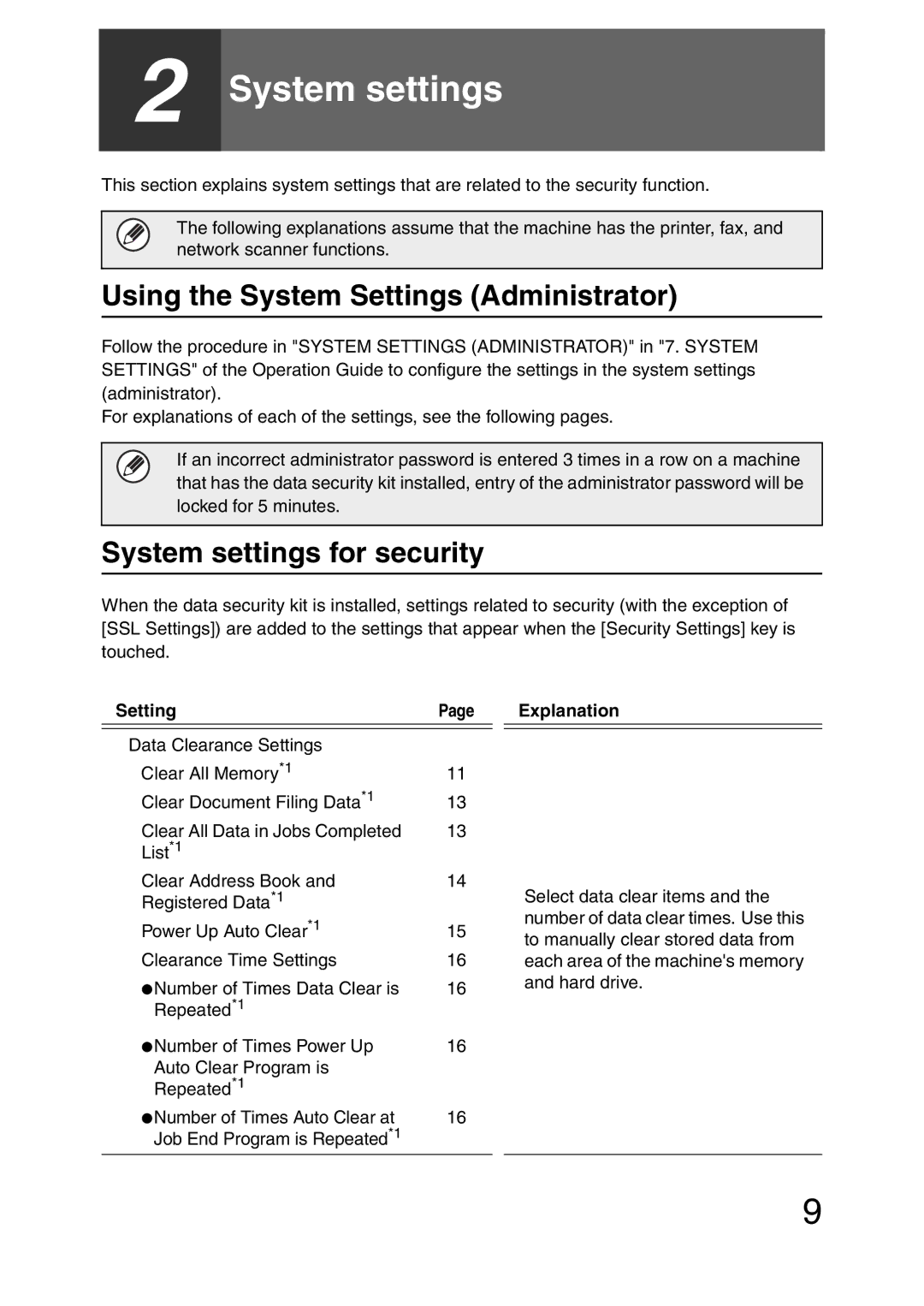 Sharp MX-FR27U, MX-FR26U, MX-FR28U manual Using the System Settings Administrator, System settings for security, Explanation 