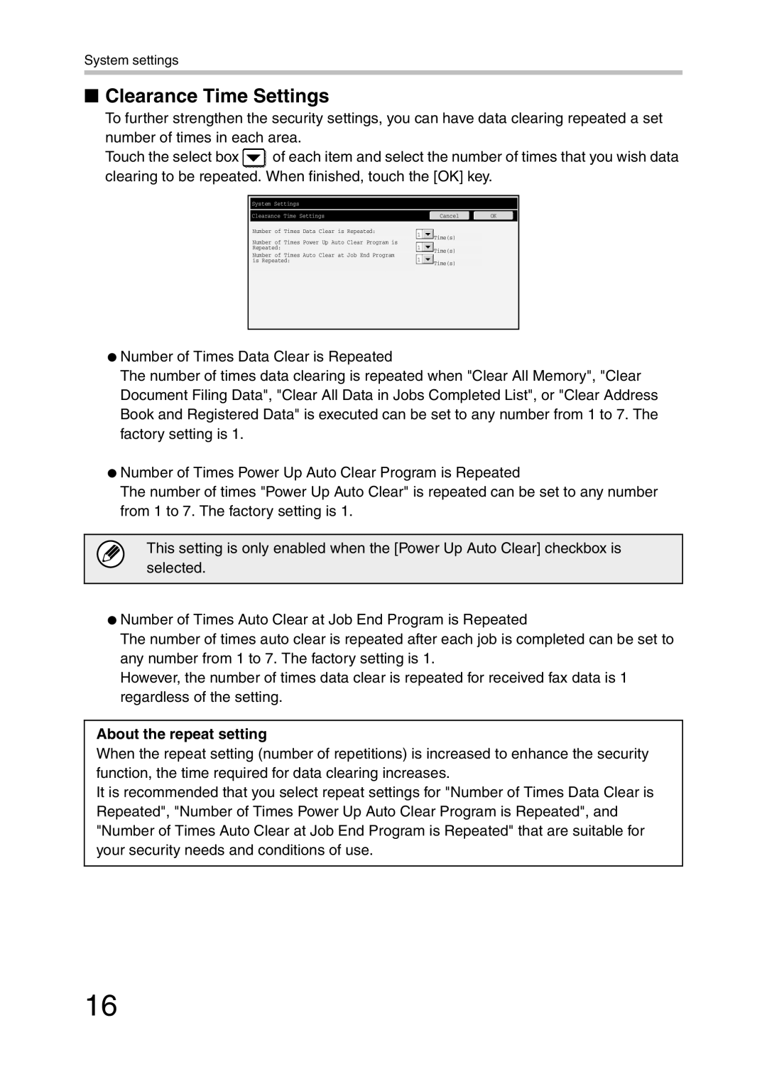 Sharp MX-FR28U, MX-FR26U, MX-FR27U manual About the repeat setting, System Settings Clearance Time Settings 