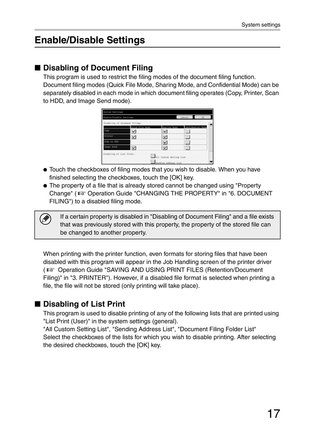 Sharp MX-FR26U, MX-FR27U, MX-FR28U manual Enable/Disable Settings, Disabling of Document Filing, Disabling of List Print 