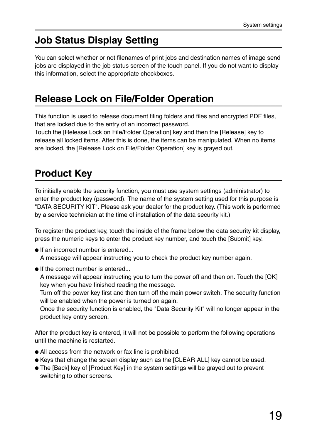 Sharp MX-FR28U, MX-FR26U, MX-FR27U manual Job Status Display Setting, Release Lock on File/Folder Operation, Product Key 