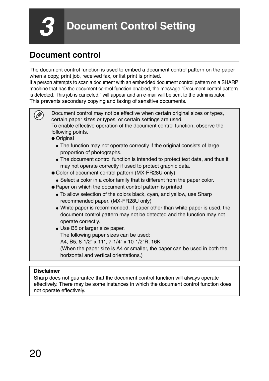 Sharp MX-FR26U, MX-FR27U, MX-FR28U manual Document control, Disclaimer 