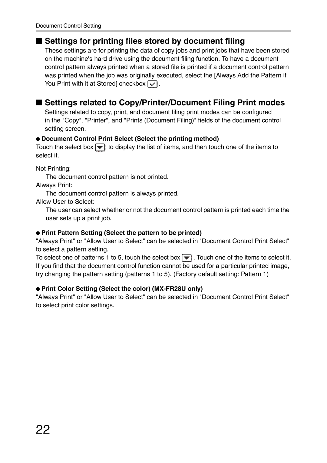 Sharp manual Settings for printing files stored by document filing, Print Color Setting Select the color MX-FR28U only 