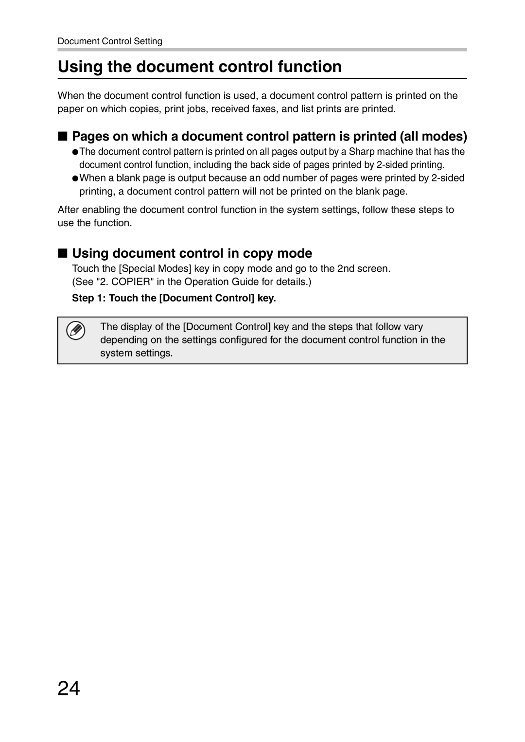 Sharp MX-FR27U Using the document control function, Using document control in copy mode, Touch the Document Control key 