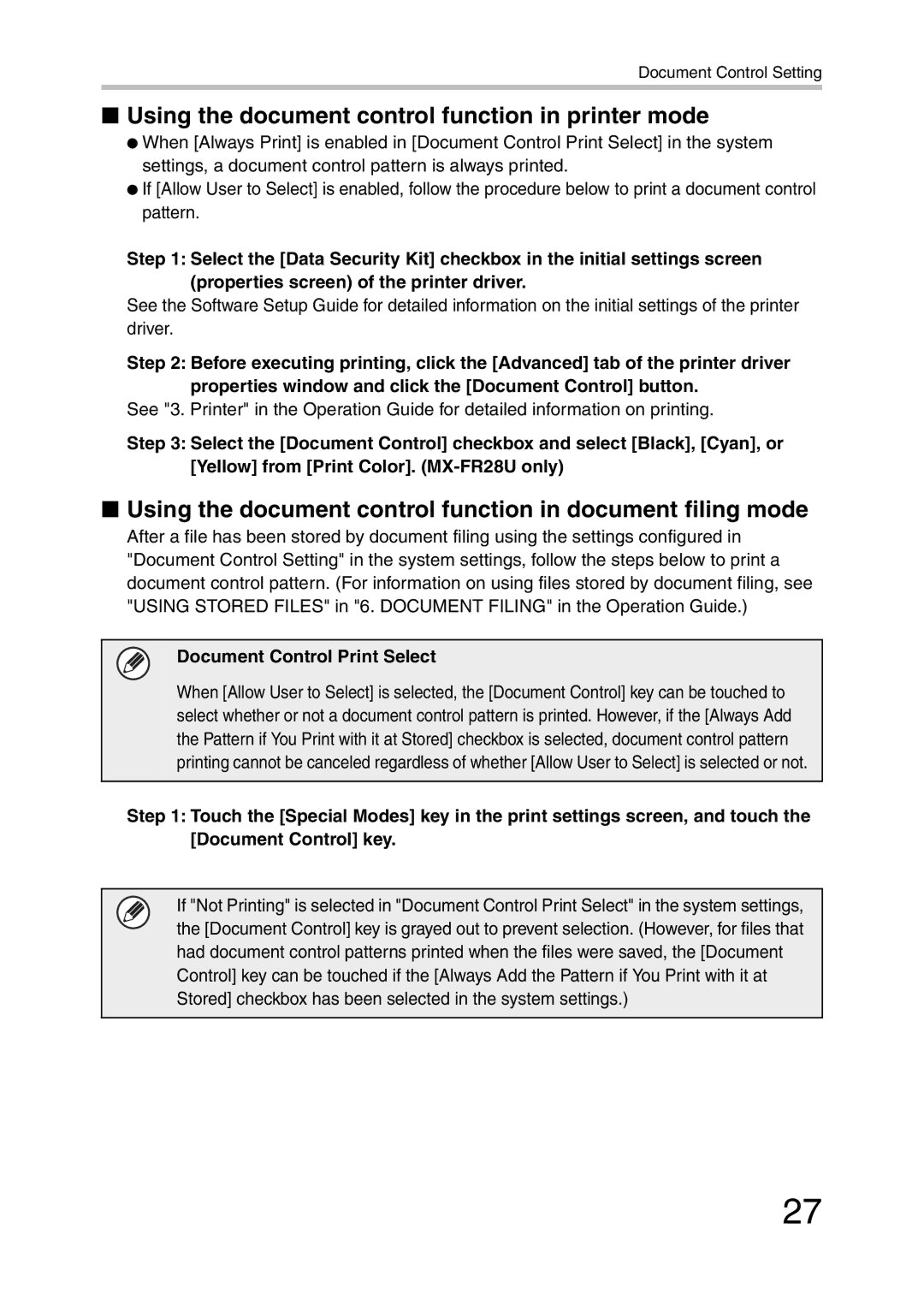 Sharp MX-FR27U, MX-FR26U, MX-FR28U manual Using the document control function in printer mode, Document Control Print Select 