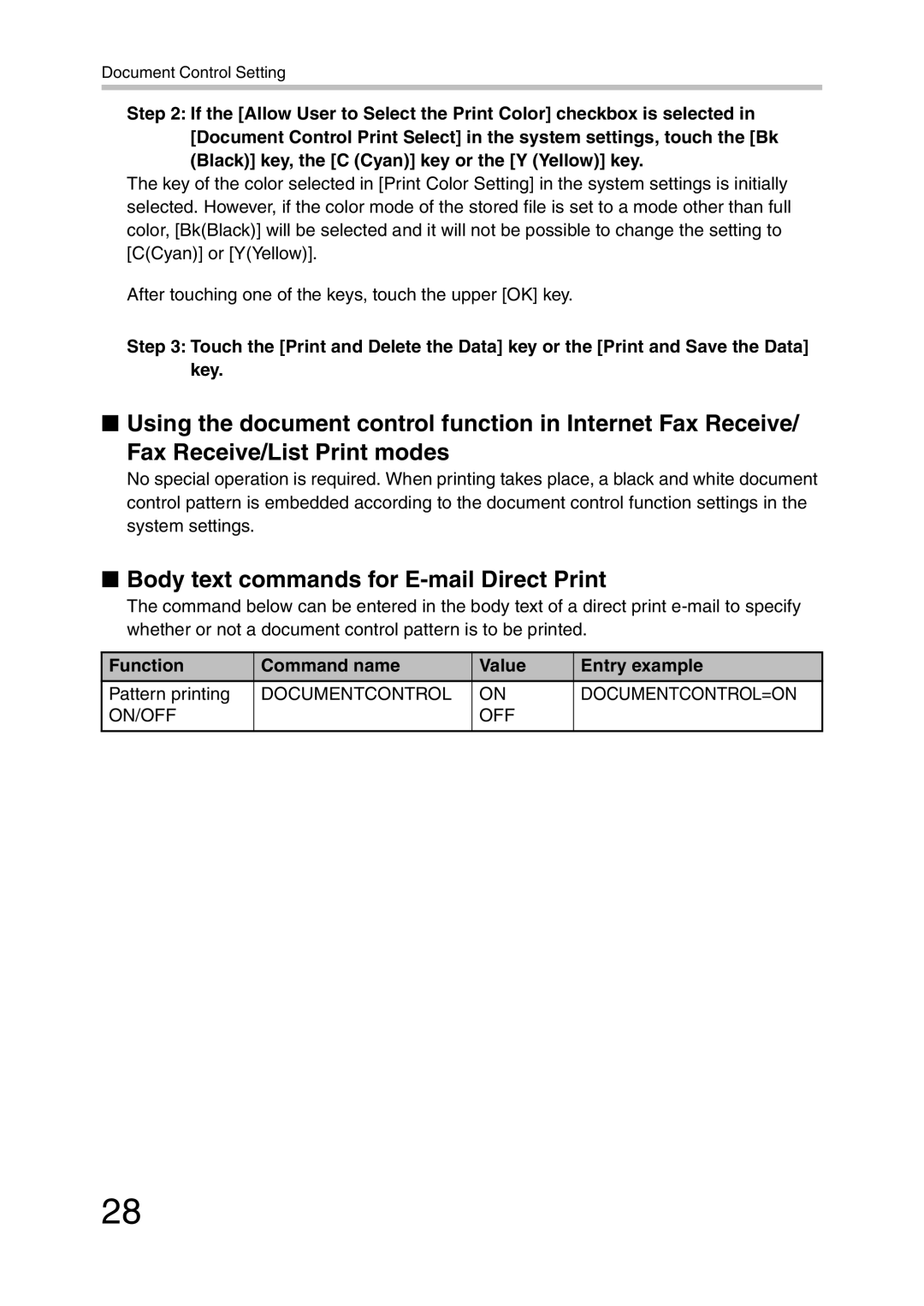 Sharp MX-FR28U, MX-FR26U, MX-FR27U Body text commands for E-mail Direct Print, Function Command name Value Entry example 