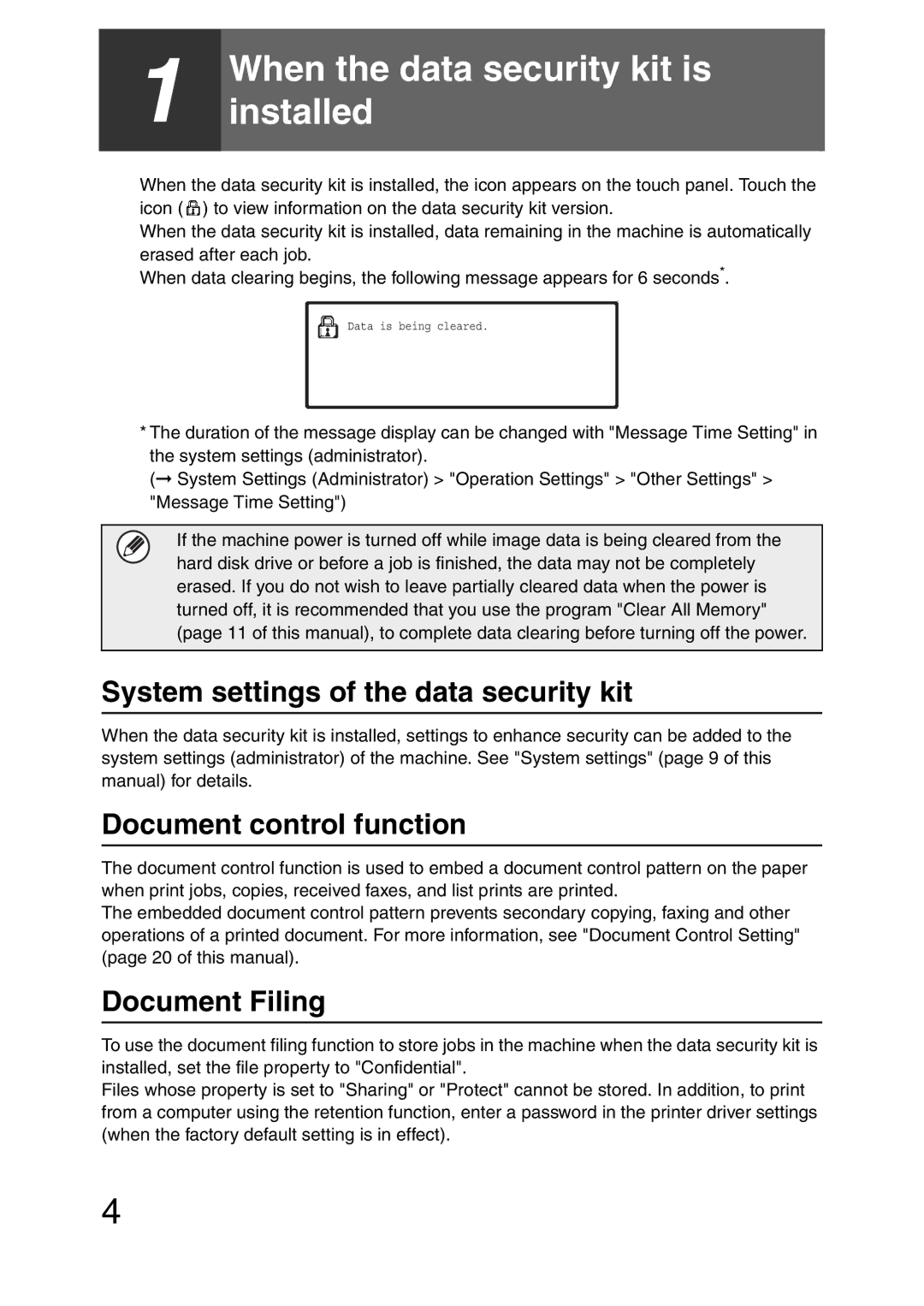 Sharp MX-FR28U, MX-FR26U, MX-FR27U System settings of the data security kit, Document control function, Document Filing 