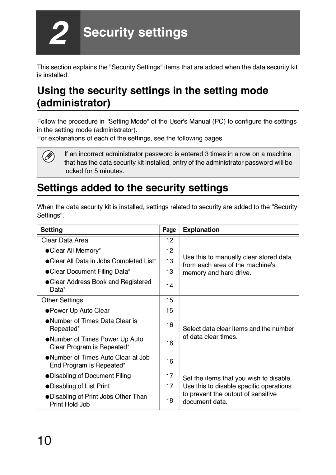 Sharp MX-FR36U manual Settings added to the security settings, Setting Explanation 