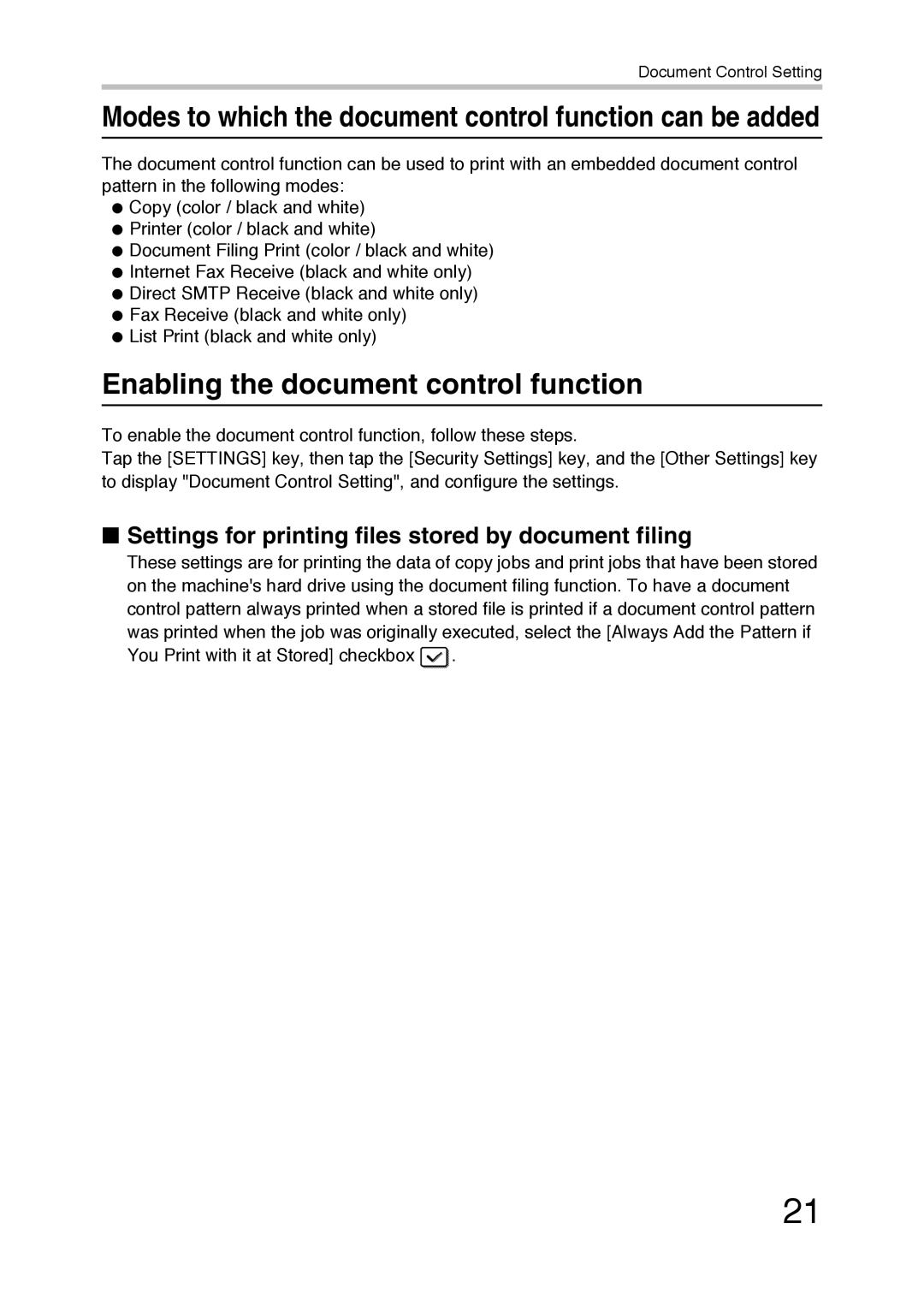 Sharp MX-FR36U manual Modes to which the document control function can be added, Enabling the document control function 