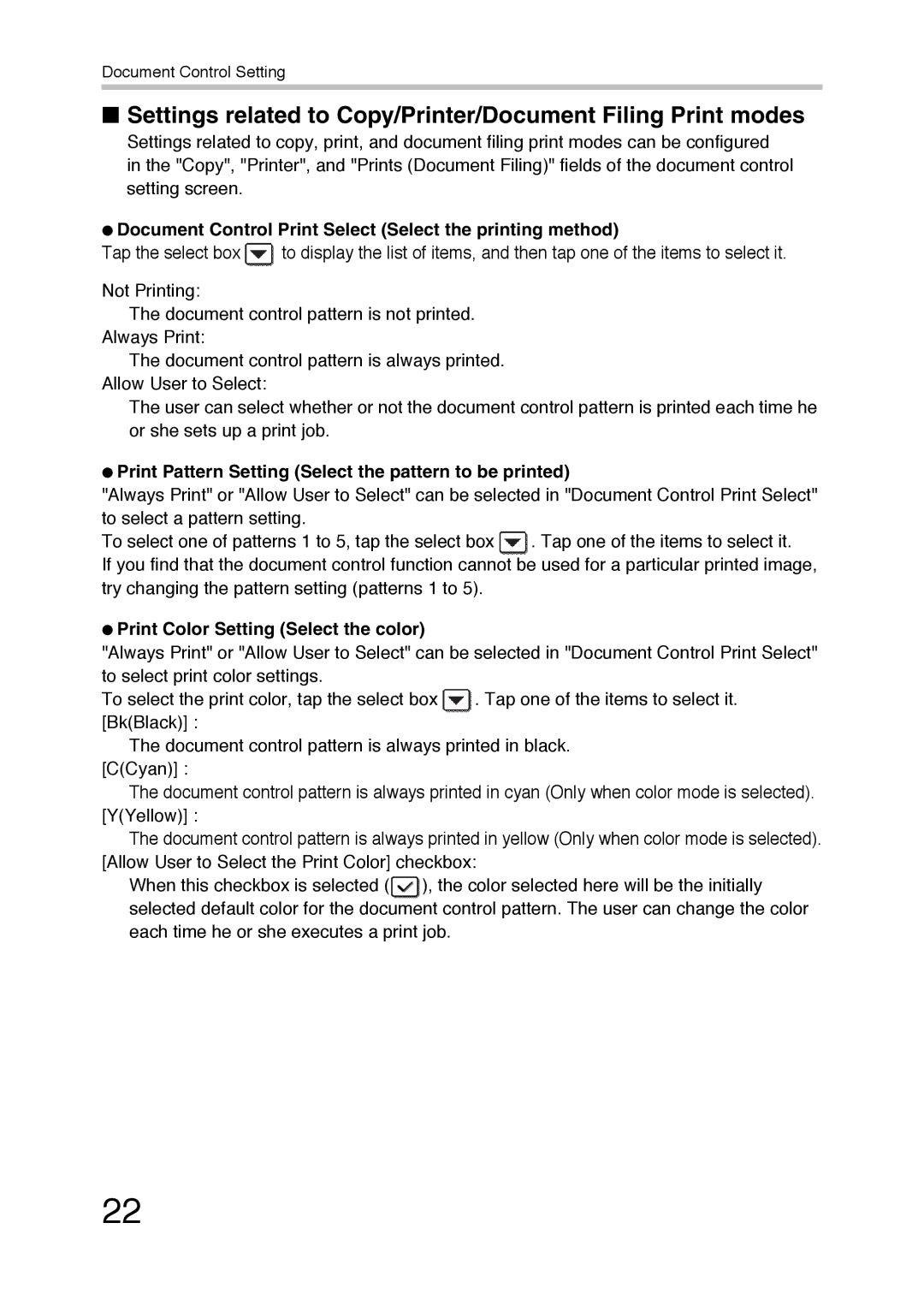 Sharp MX-FR36U manual Document Control Print Select Select the printing method, Print Color Setting Select the color 