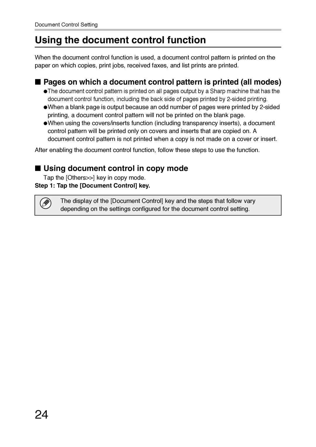 Sharp MX-FR36U Using the document control function, Using document control in copy mode, Tap the Document Control key 