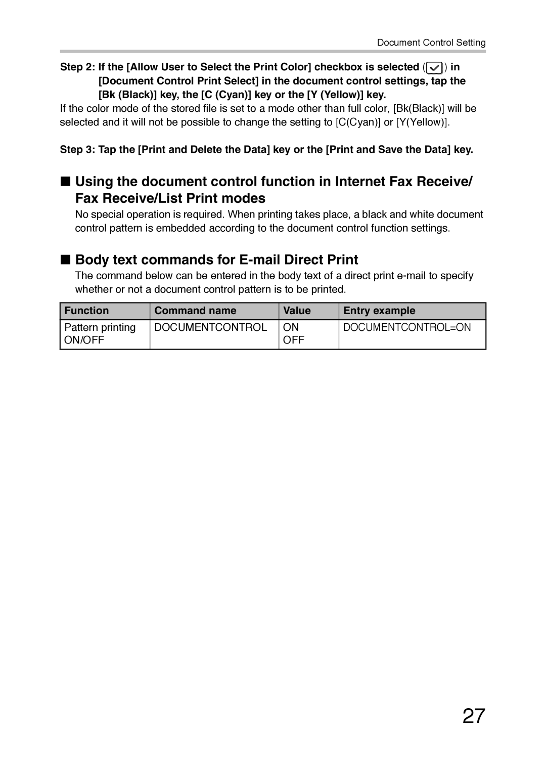 Sharp MX-FR36U manual Body text commands for E-mail Direct Print, Function Command name Value Entry example 