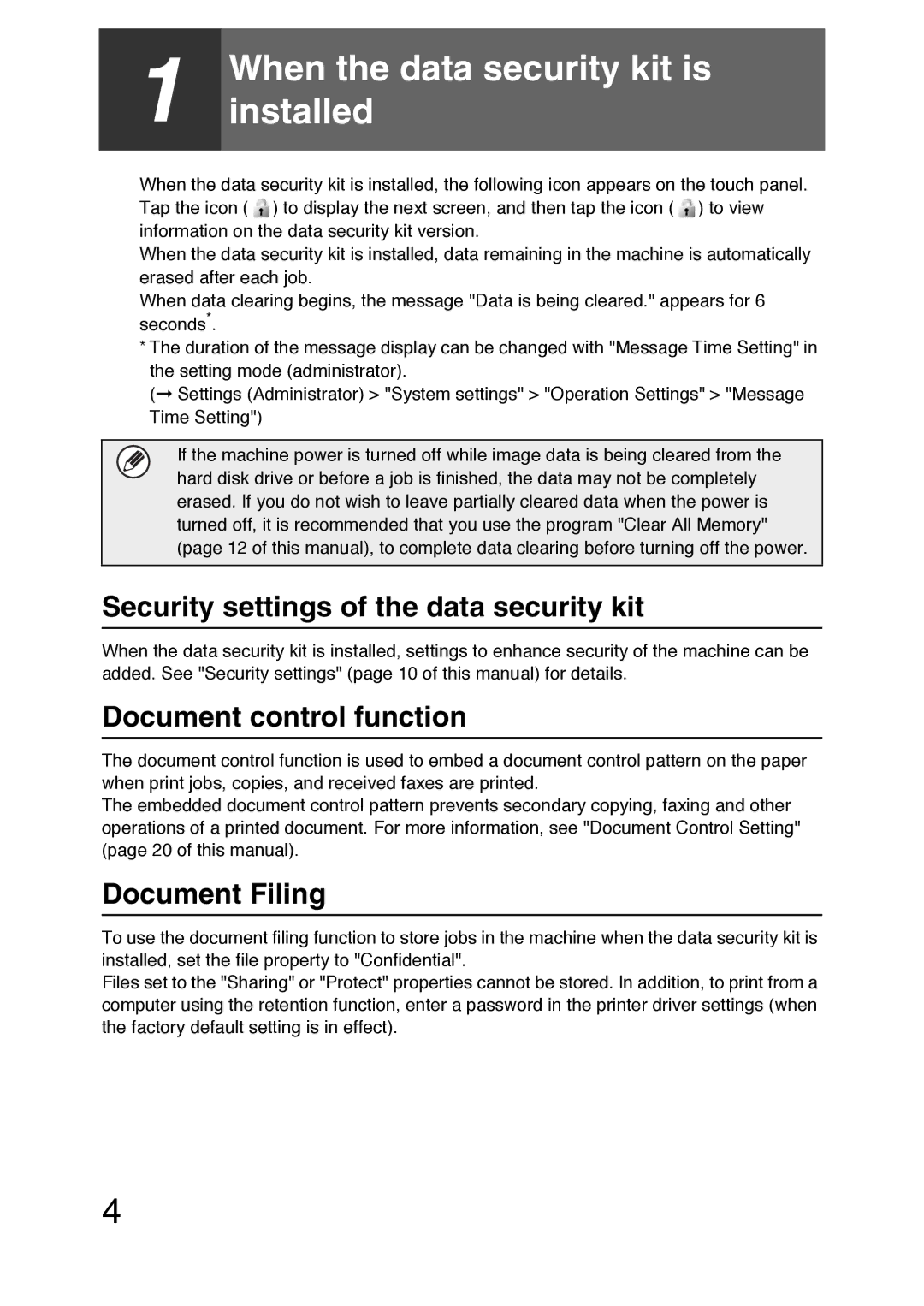 Sharp MX-FR36U manual Security settings of the data security kit, Document control function, Document Filing 