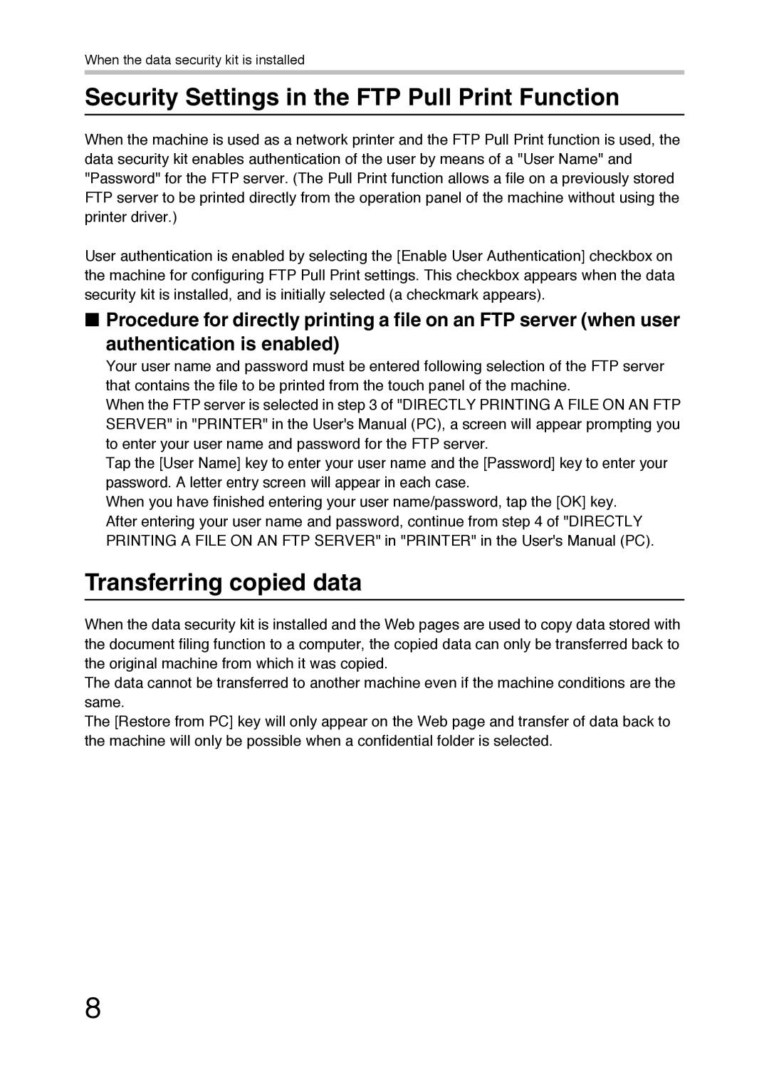 Sharp MX-FR36U manual Security Settings in the FTP Pull Print Function, Transferring copied data 