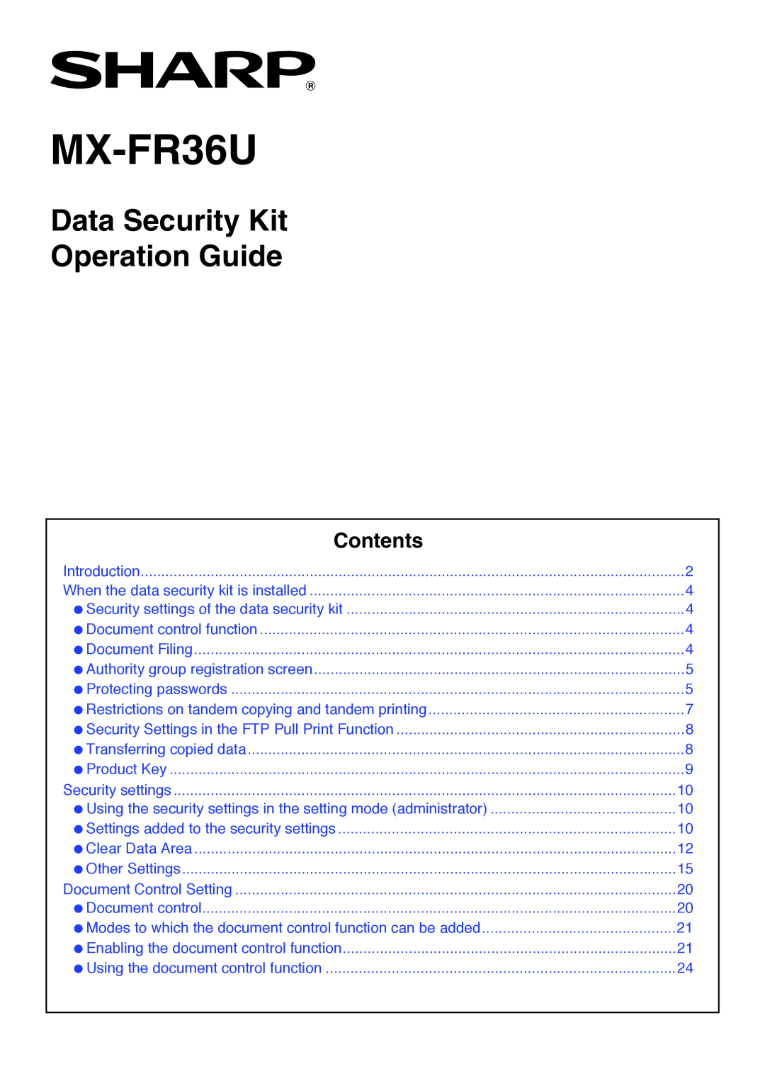 Sharp MX-FR36U manual Data Security Kit Operation Guide, Contents 