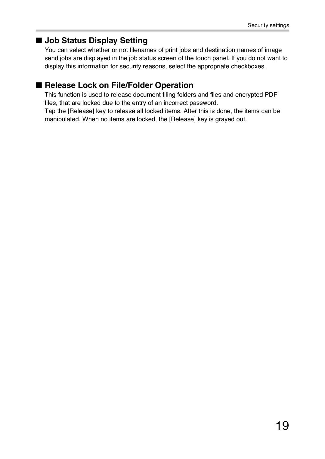 Sharp MX-FR36U manual Job Status Display Setting, Release Lock on File/Folder Operation 