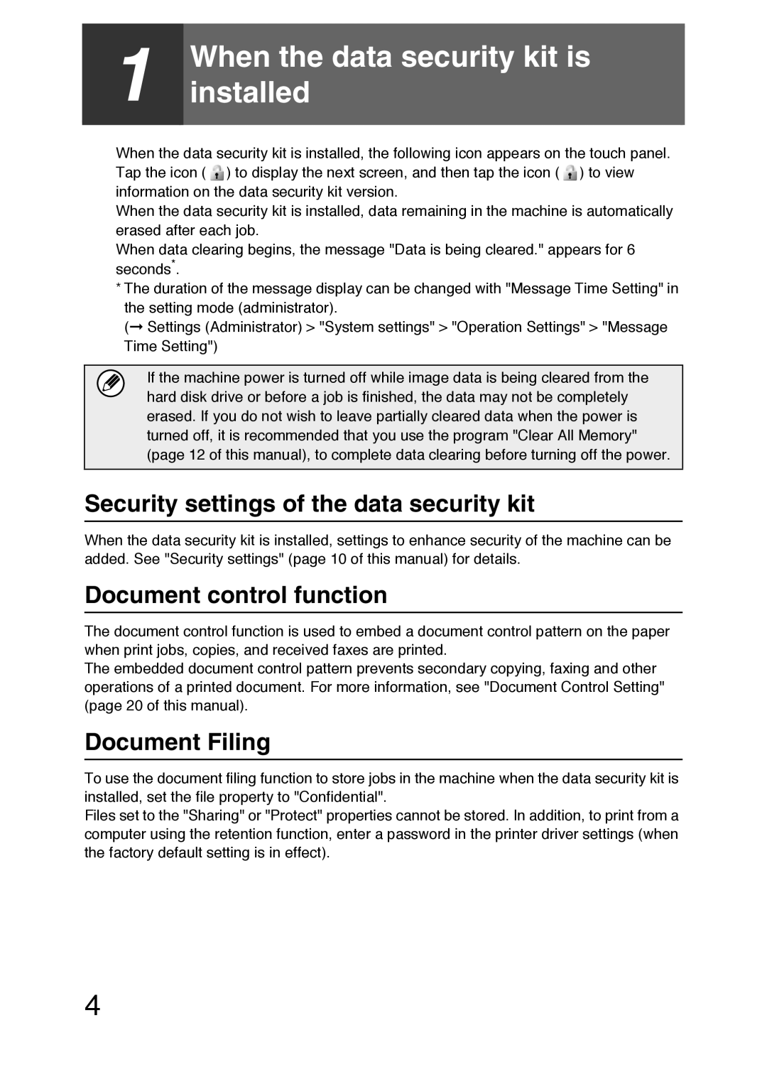 Sharp MX-FR36U manual When the data security kit is installed, Security settings of the data security kit, Document Filing 