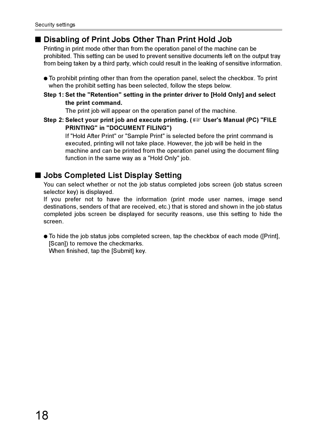 Sharp MX-FR43U manual Disabling of Print Jobs Other Than Print Hold Job, Jobs Completed List Display Setting 